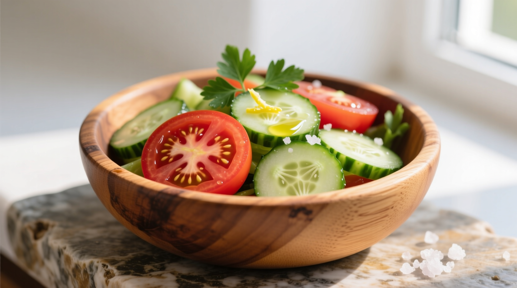 Fresh cucumber tomato salad in wooden bowl