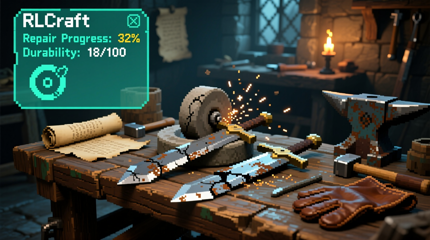 RLCraft grindstone repair interface showing two damaged swords