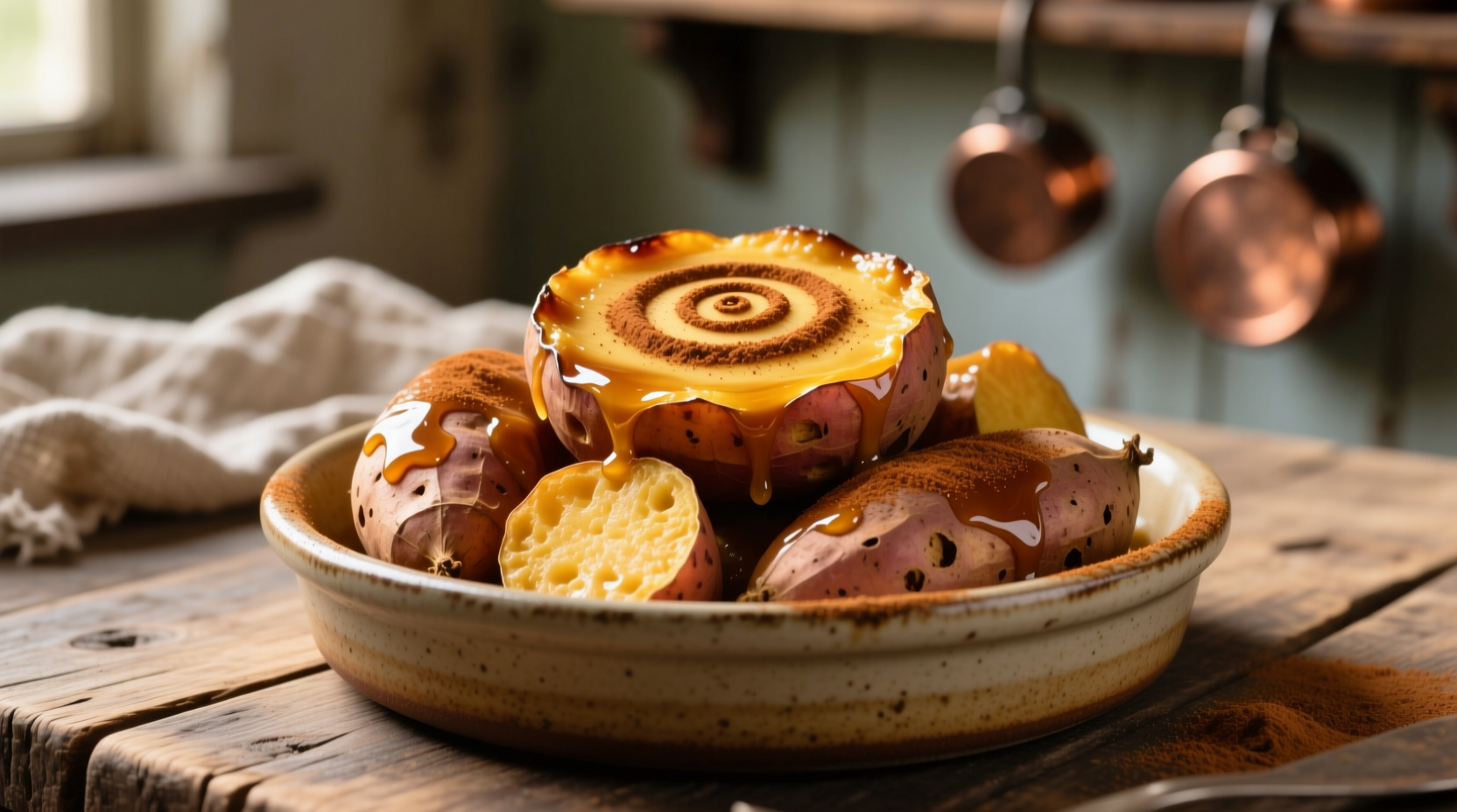 Golden sweetened potatoes in ceramic dish with cinnamon garnish