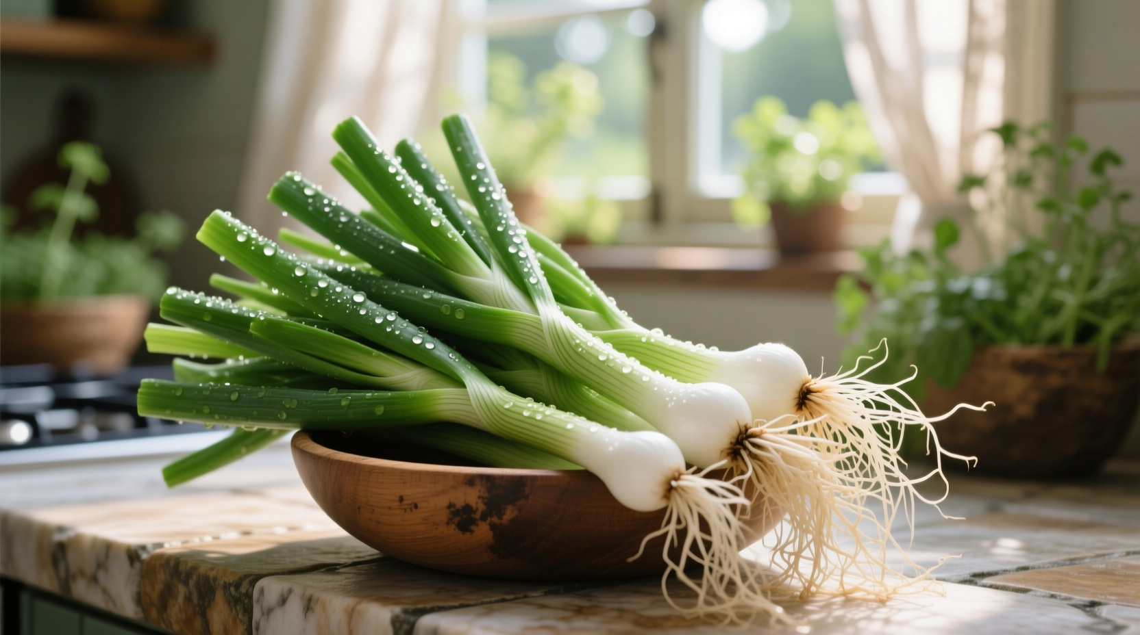 Fresh scallions with vibrant green stalks and white roots