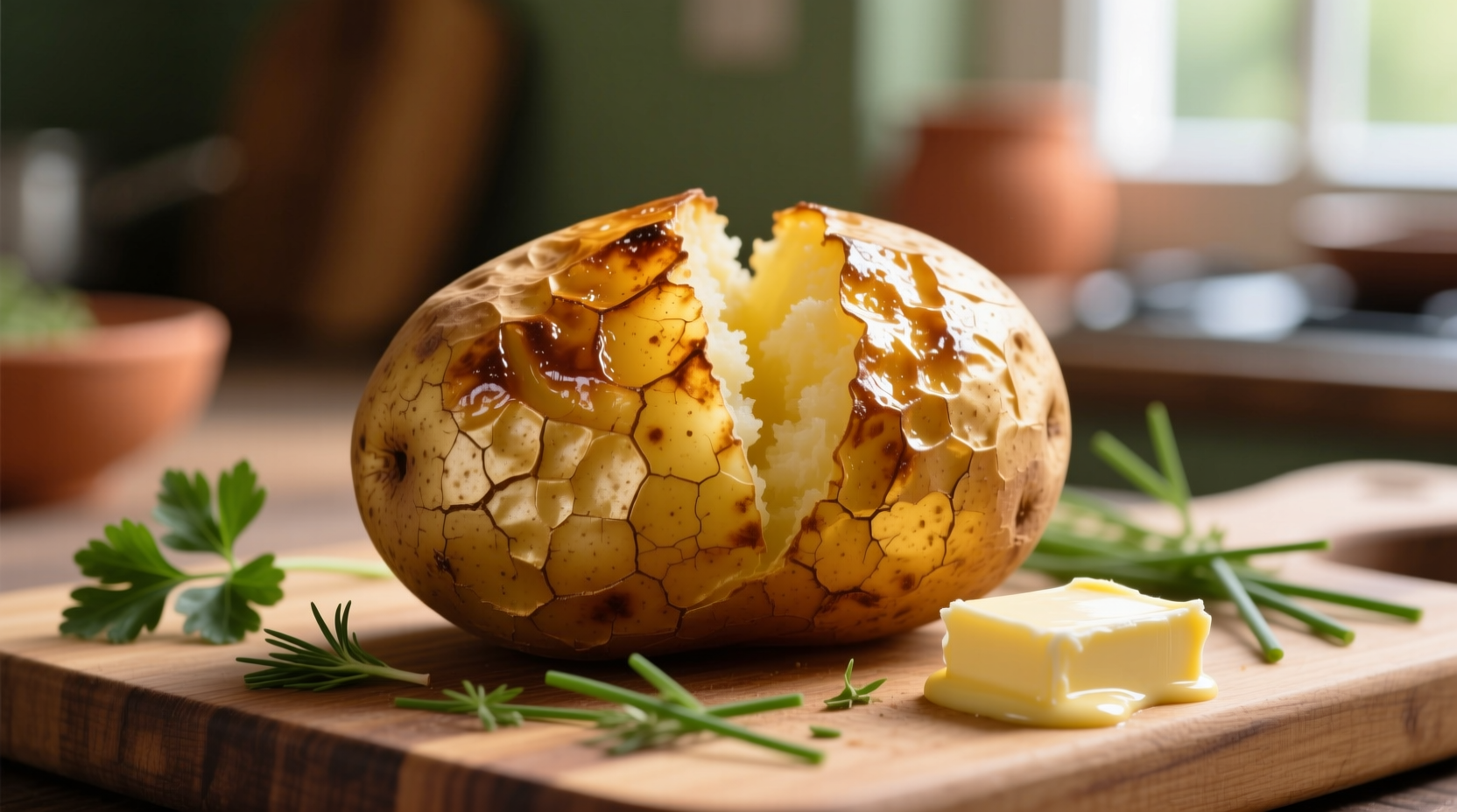 Perfect golden baked potato with crisp skin