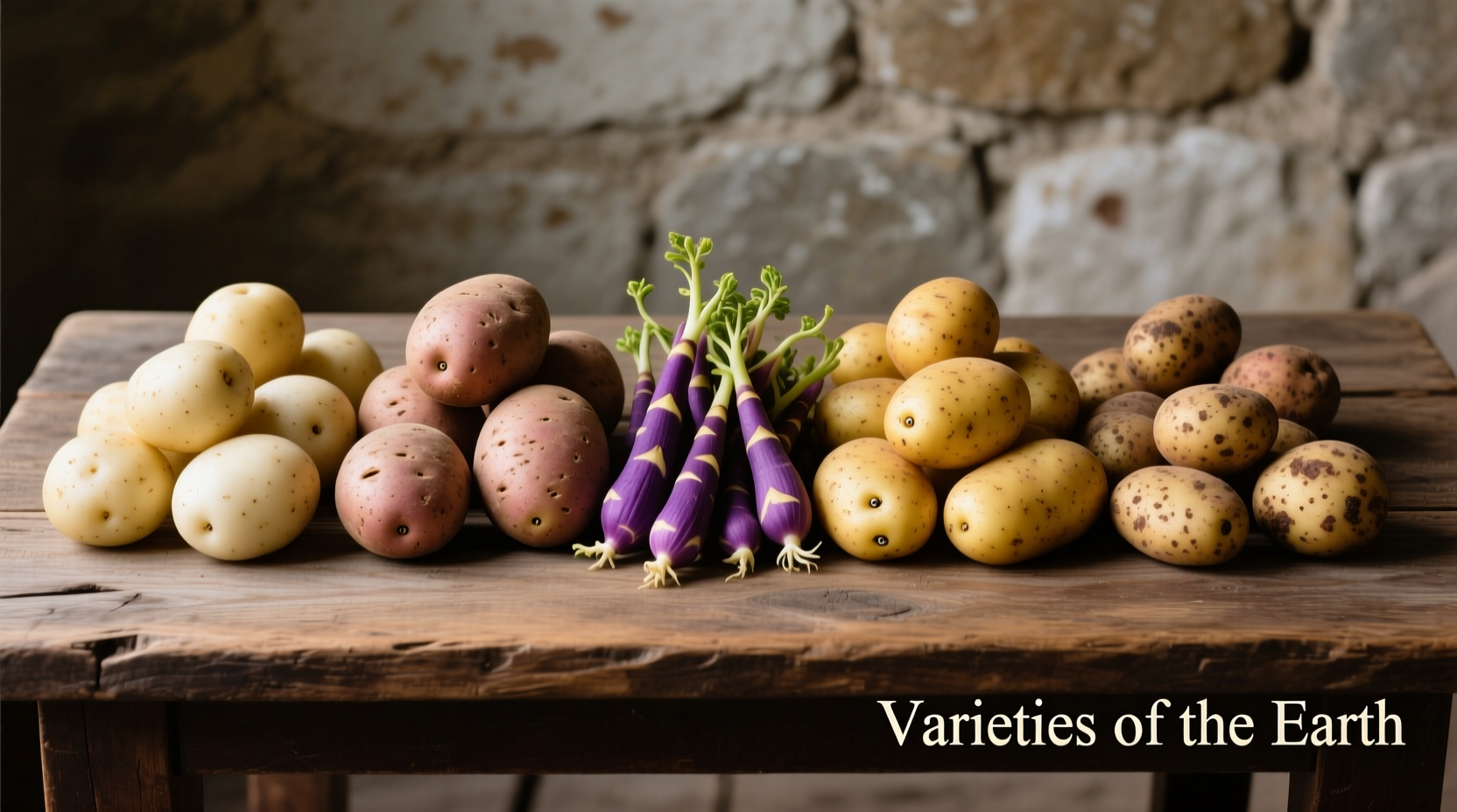 Various potato varieties arranged by type and color