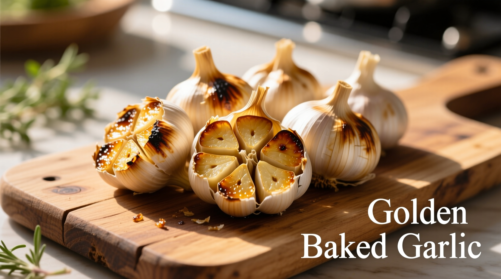 Golden baked garlic cloves on wooden board