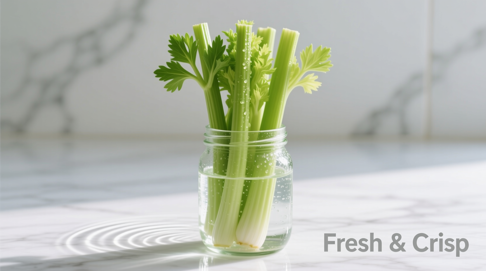 Fresh celery stalks stored upright in water container