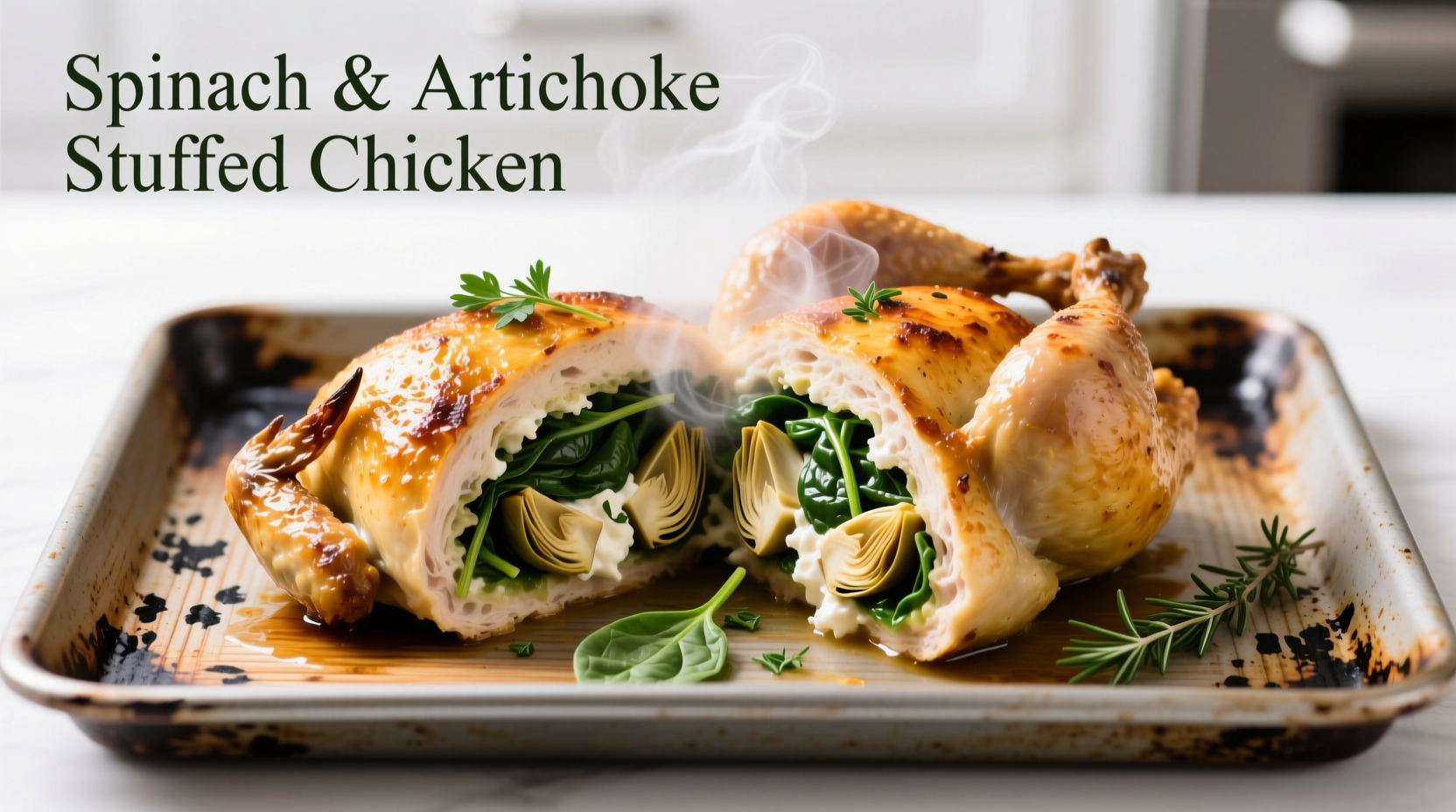 Spinach artichoke stuffed chicken on baking sheet