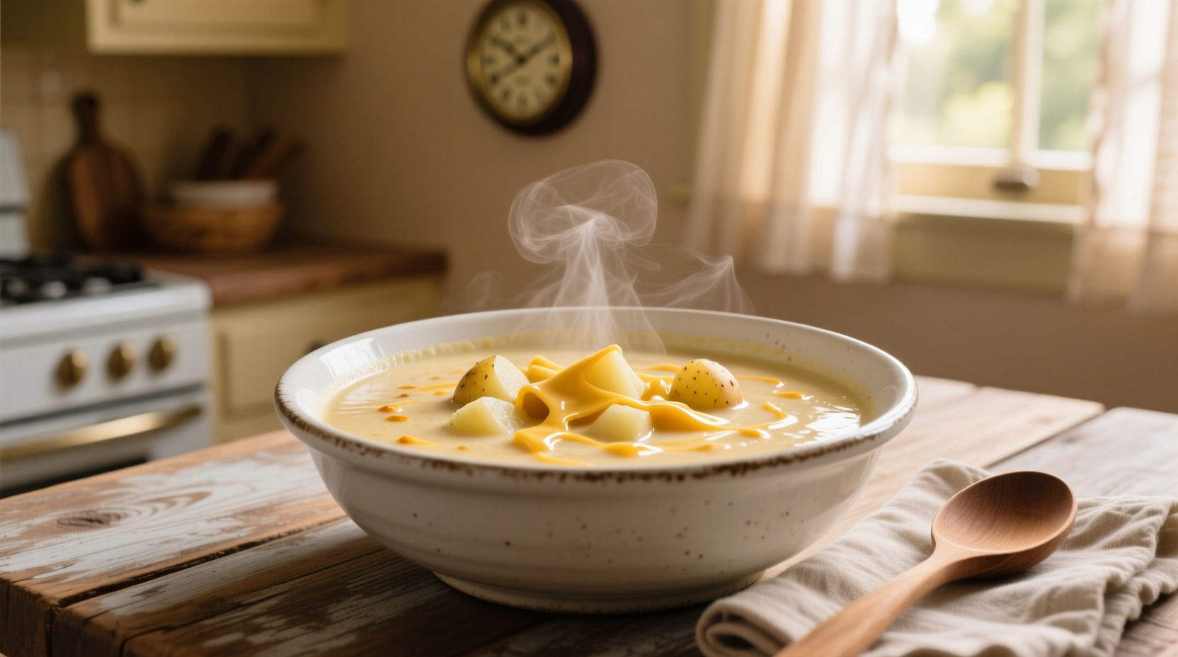 Creamy potato and velveeta cheese soup in white bowl