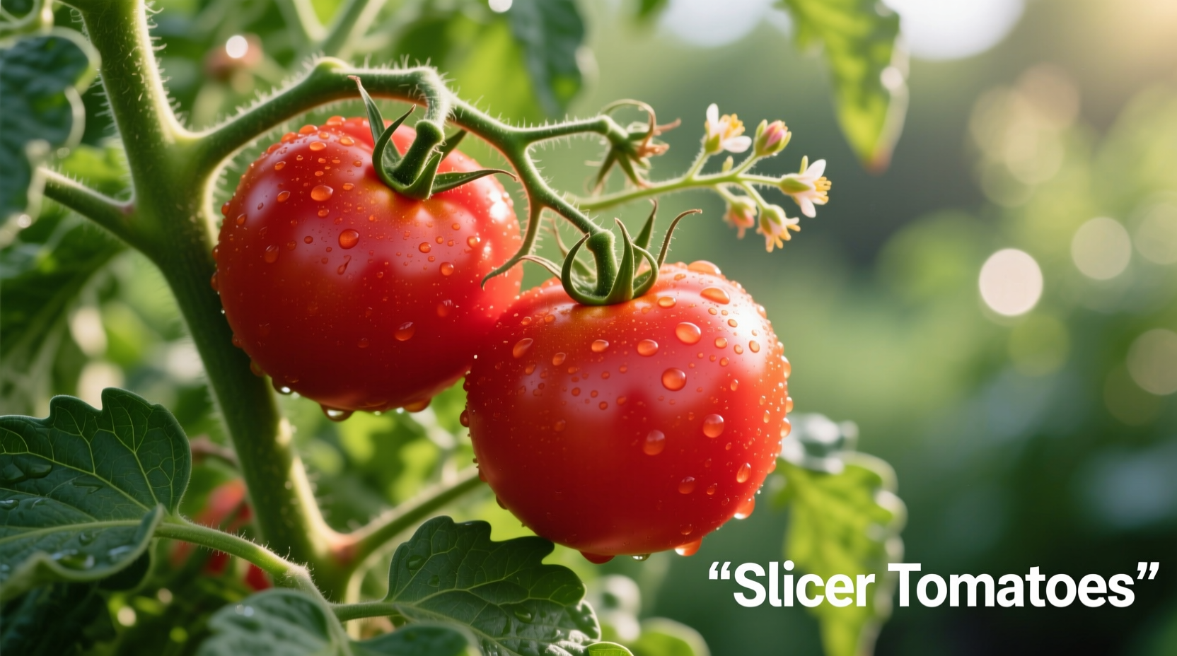 Ripe red slicer tomatoes on vine with green leaves