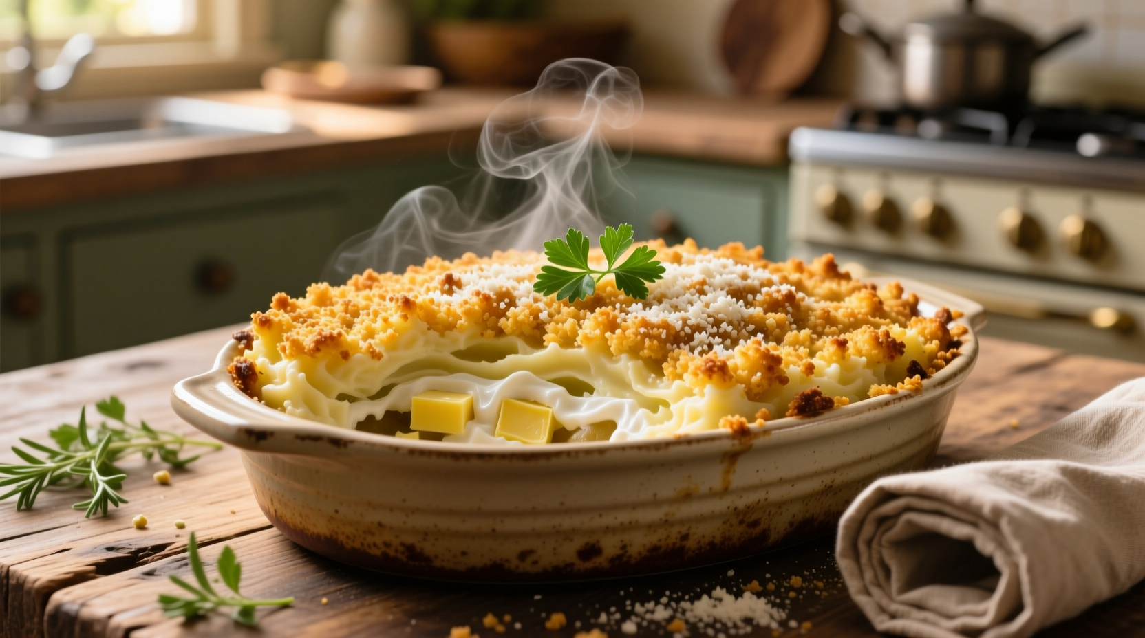 Golden baked potato casserole with crispy breadcrumb topping