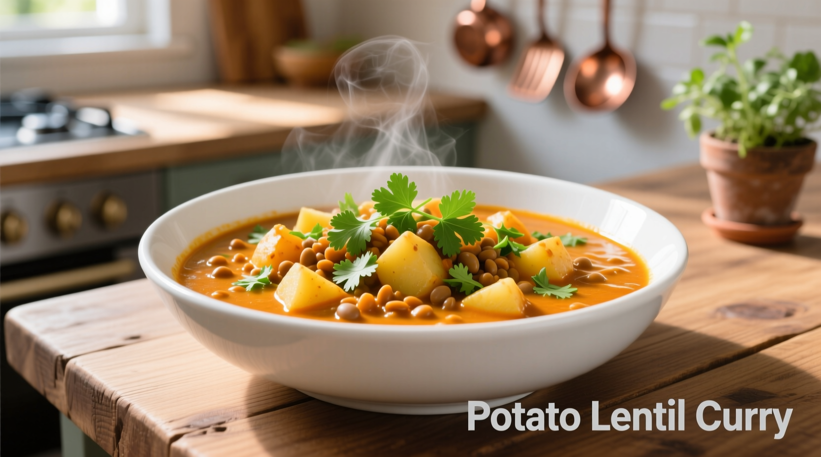 Potato lentil curry in white bowl with fresh cilantro