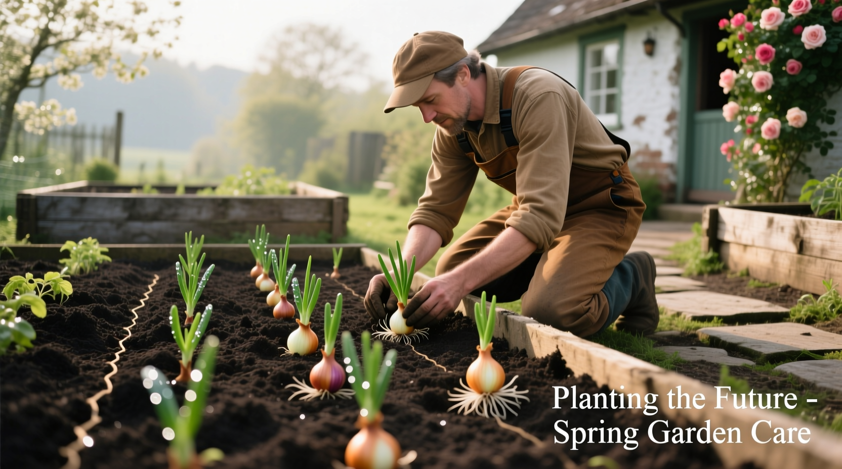 Gardener planting onion starts in prepared garden bed
