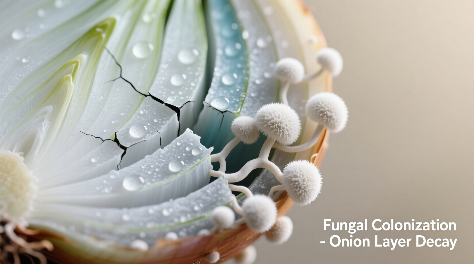 Close-up of white mold growing on onion layers