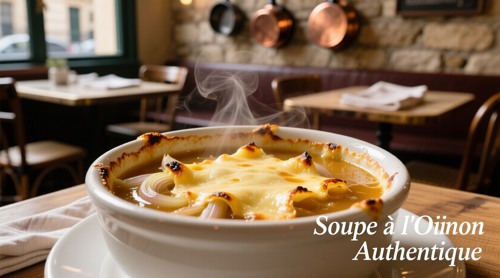 Authentic French onion soup in white bowl with melted cheese