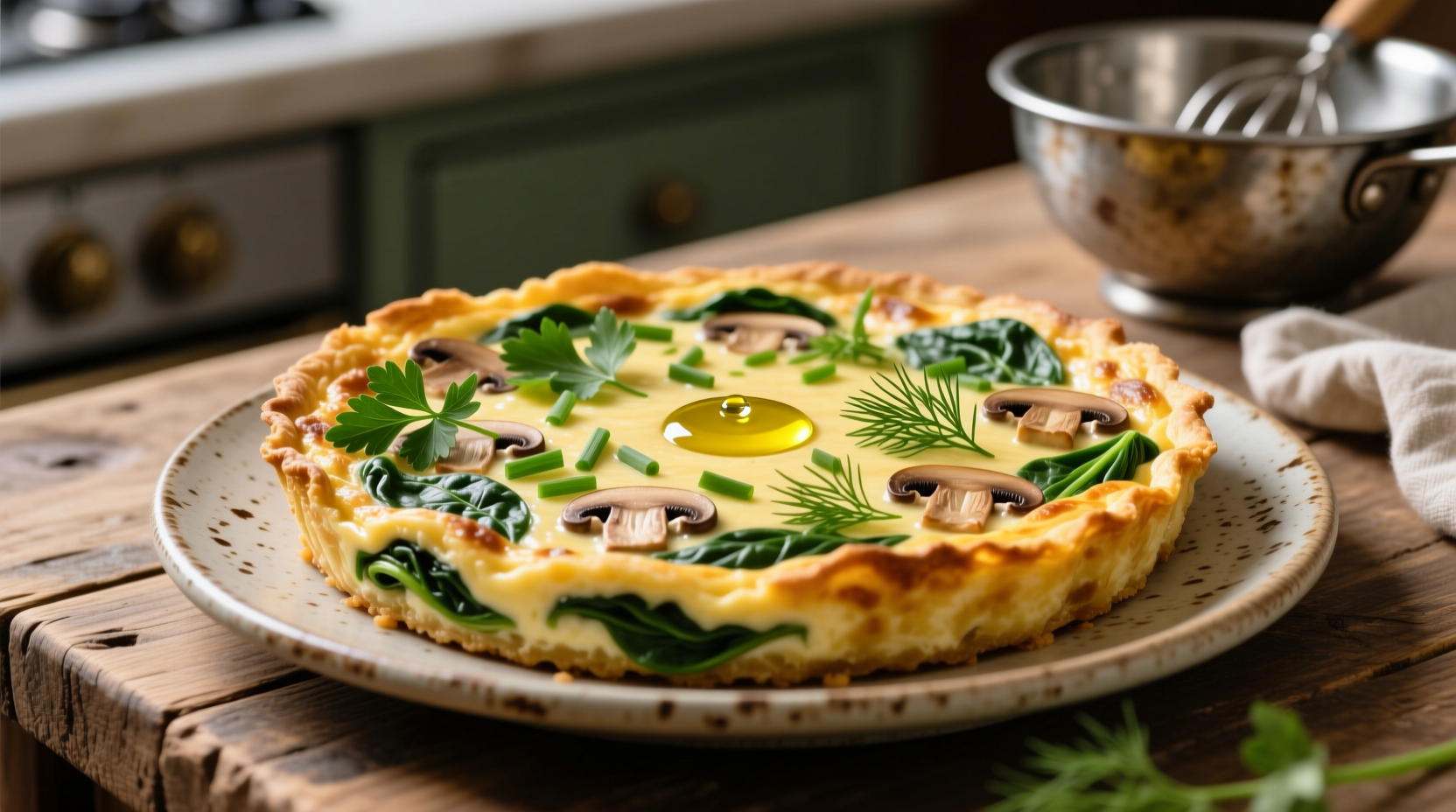 Golden spinach mushroom frittata with fresh herbs