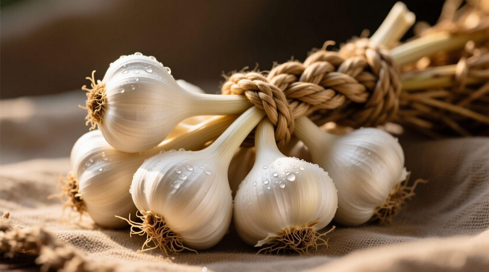 Fresh soft neck garlic bulbs with braided stalks