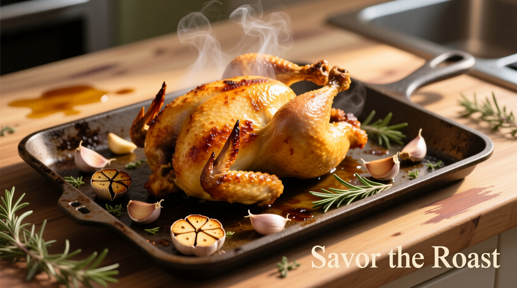 Golden roasted chicken with garlic cloves on baking sheet