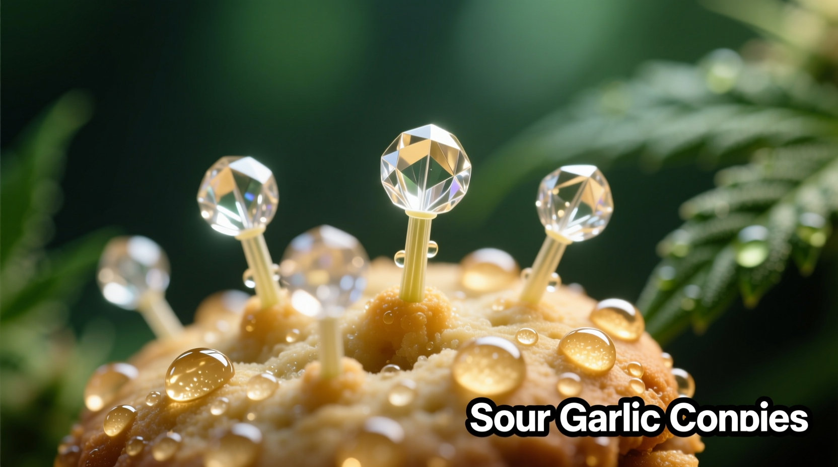Close-up of Sour Garlic Cookies cannabis trichomes