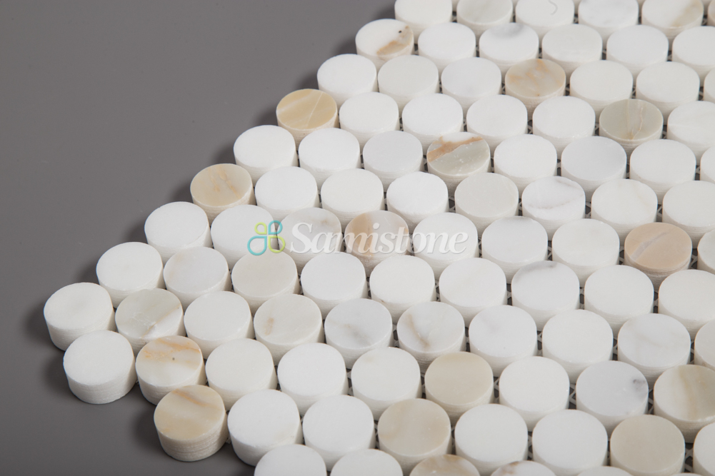 Samistone Hot Sale Calacatta Gold White Marble Penny Round Mosaic Tile