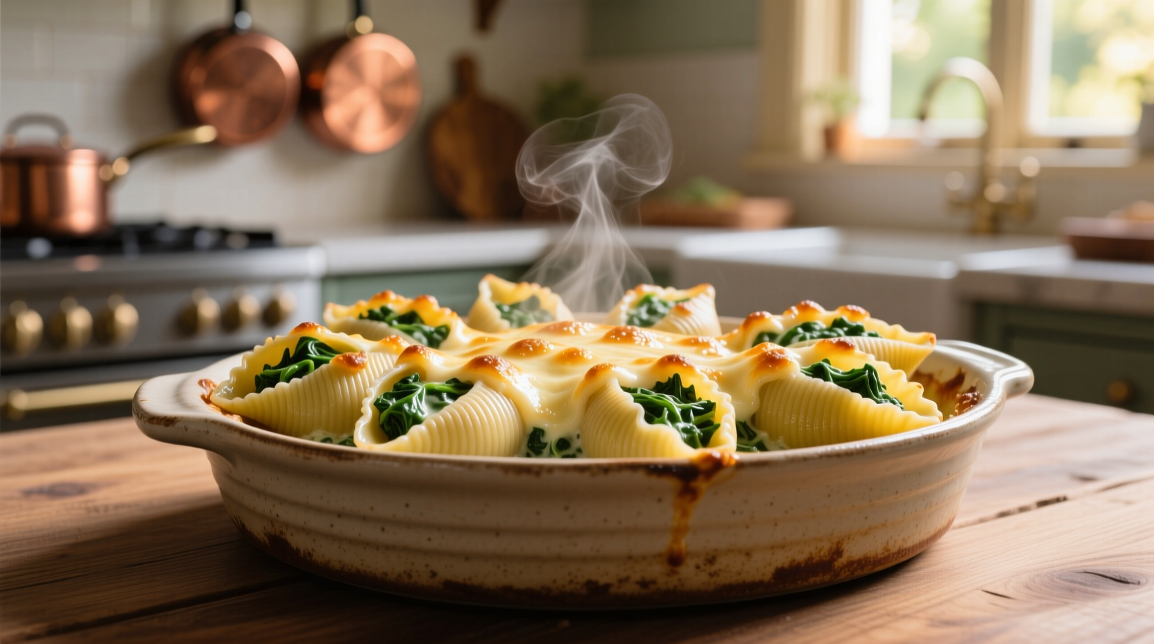 Creamy spinach and cheese stuffed pasta shells in baking dish