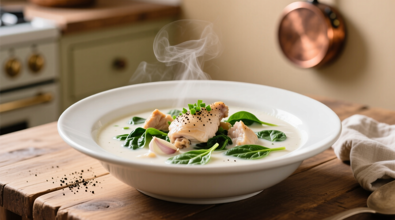 Creamy chicken and spinach white stew in white bowl
