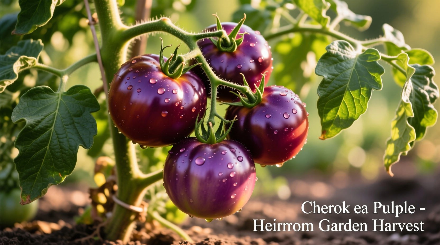 Ripe Cherokee Purple tomatoes on vine with green leaves