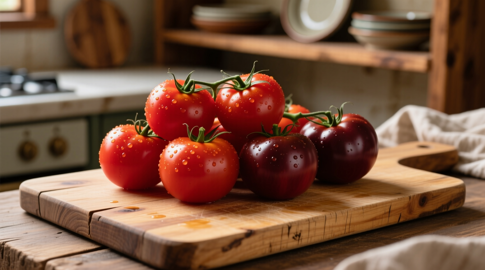 Fresh Roma tomatoes on wooden cutting board