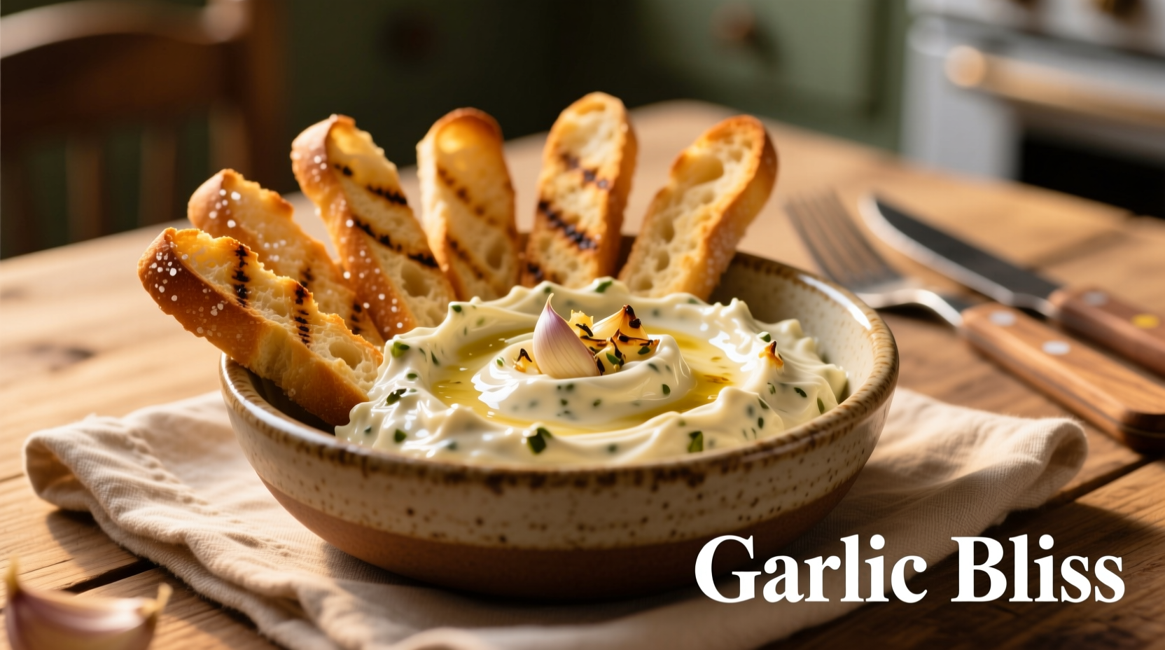 Creamy garlic dip served with breadsticks