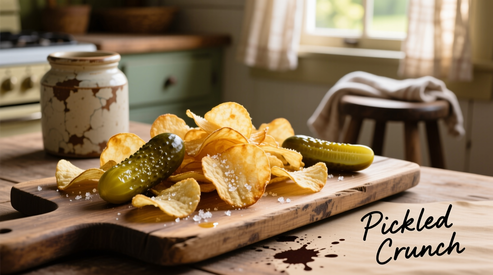 Homemade pickle potato chips on rustic wooden board