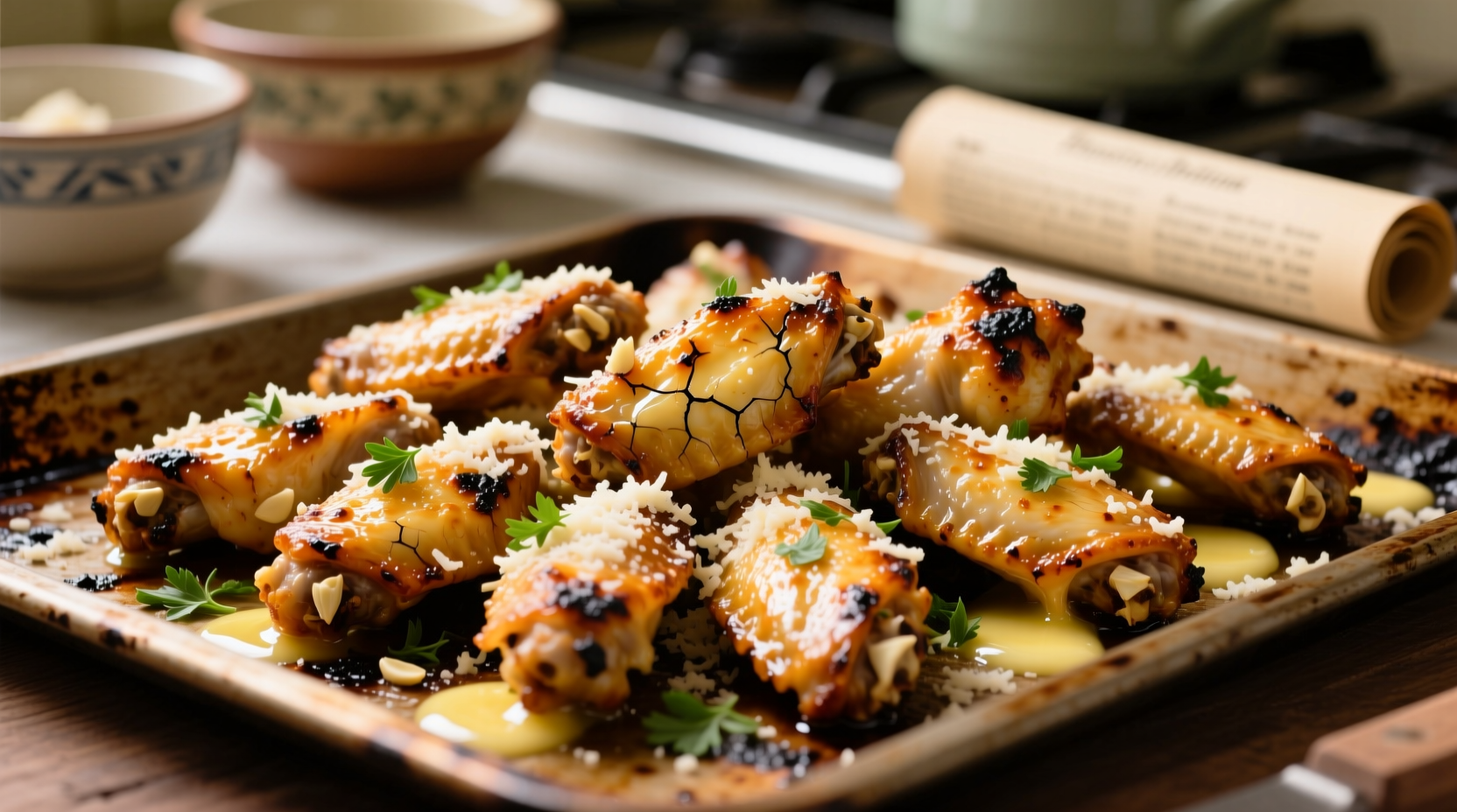 Crispy golden parmesan garlic wings on baking sheet