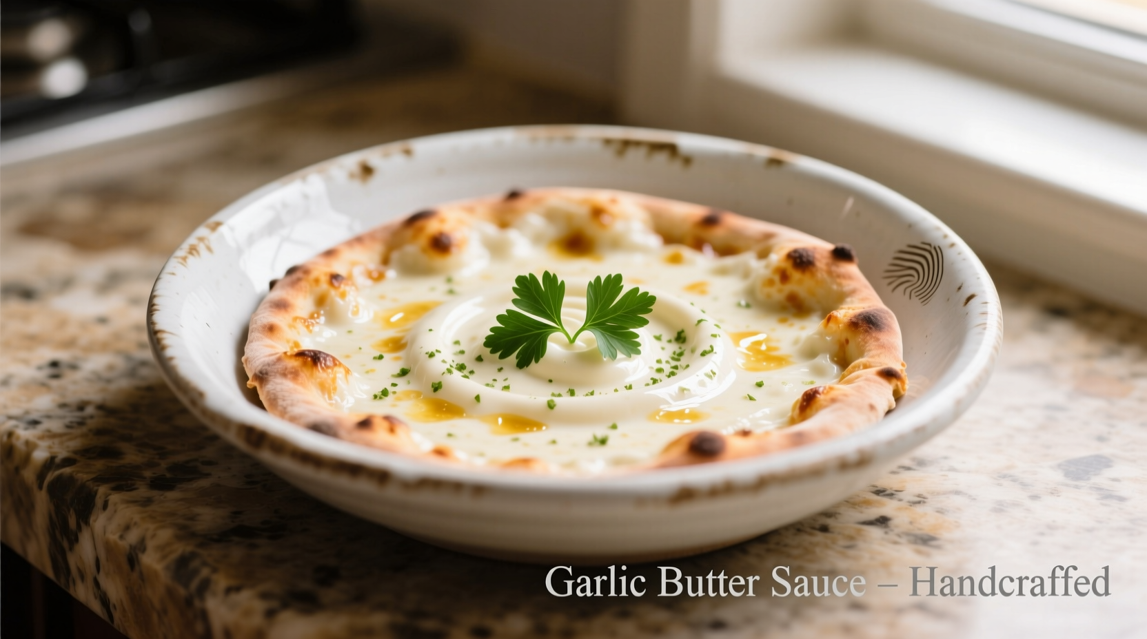 Creamy garlic butter pizza sauce in white ceramic bowl