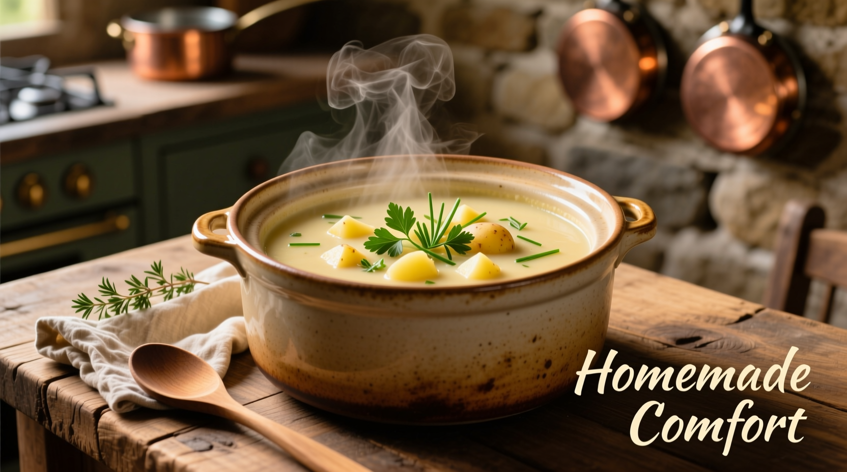 Slow cooker filled with creamy potato soup and fresh herbs