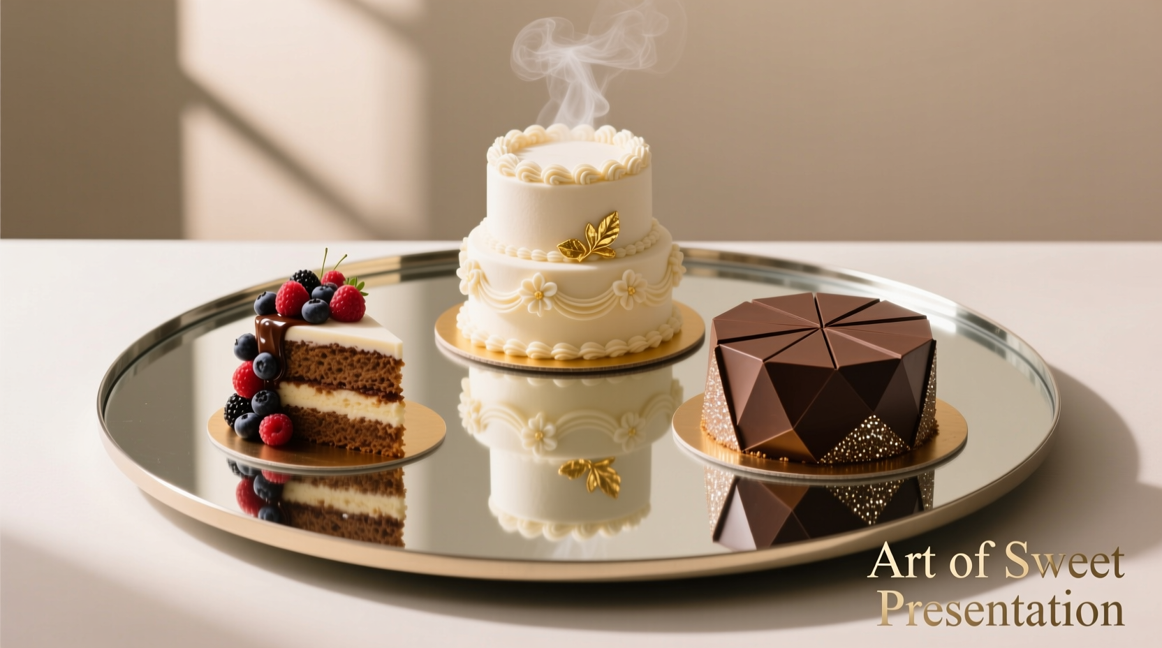 creative ways to style and serve cakes using a mirrored tray as a cake plate