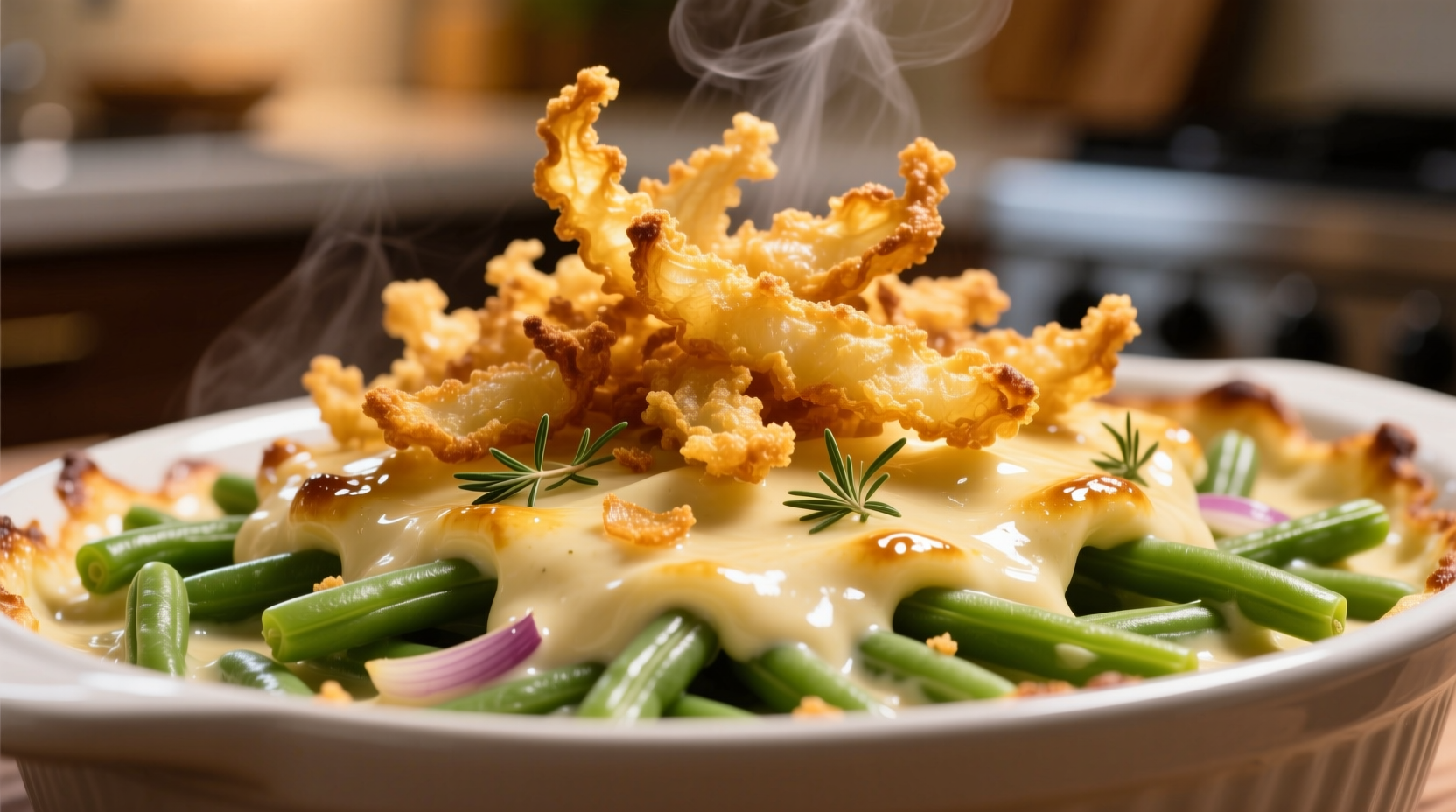 Golden French's crispy fried onions sprinkled over green bean casserole
