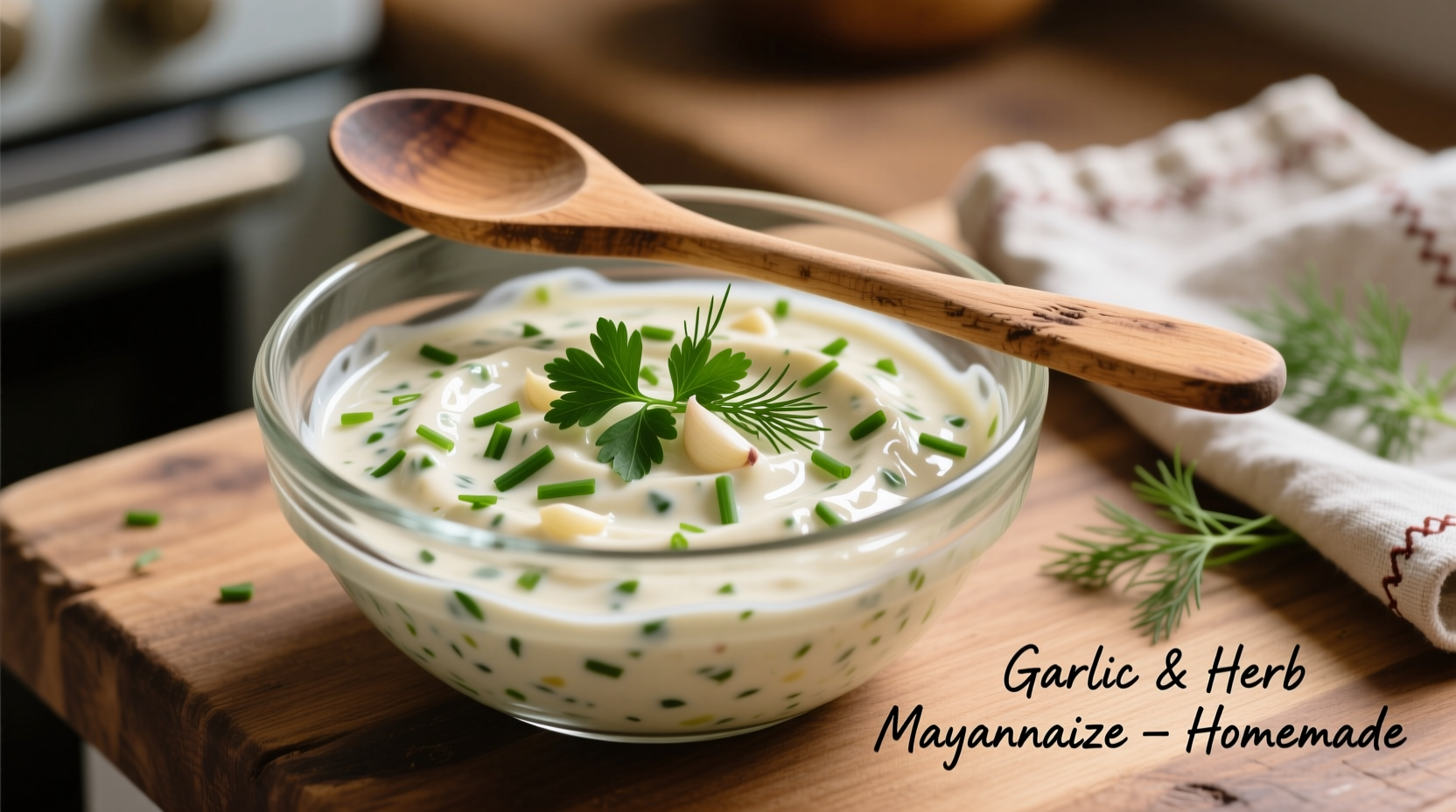 Homemade garlic mayonnaise in glass bowl with fresh herbs