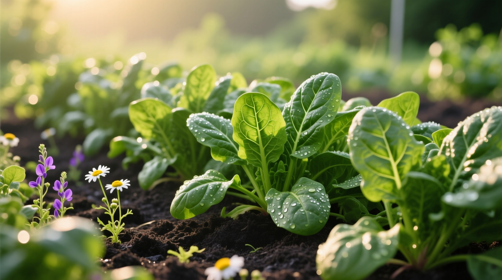 Perpetual spinach plants in garden bed with healthy green leaves