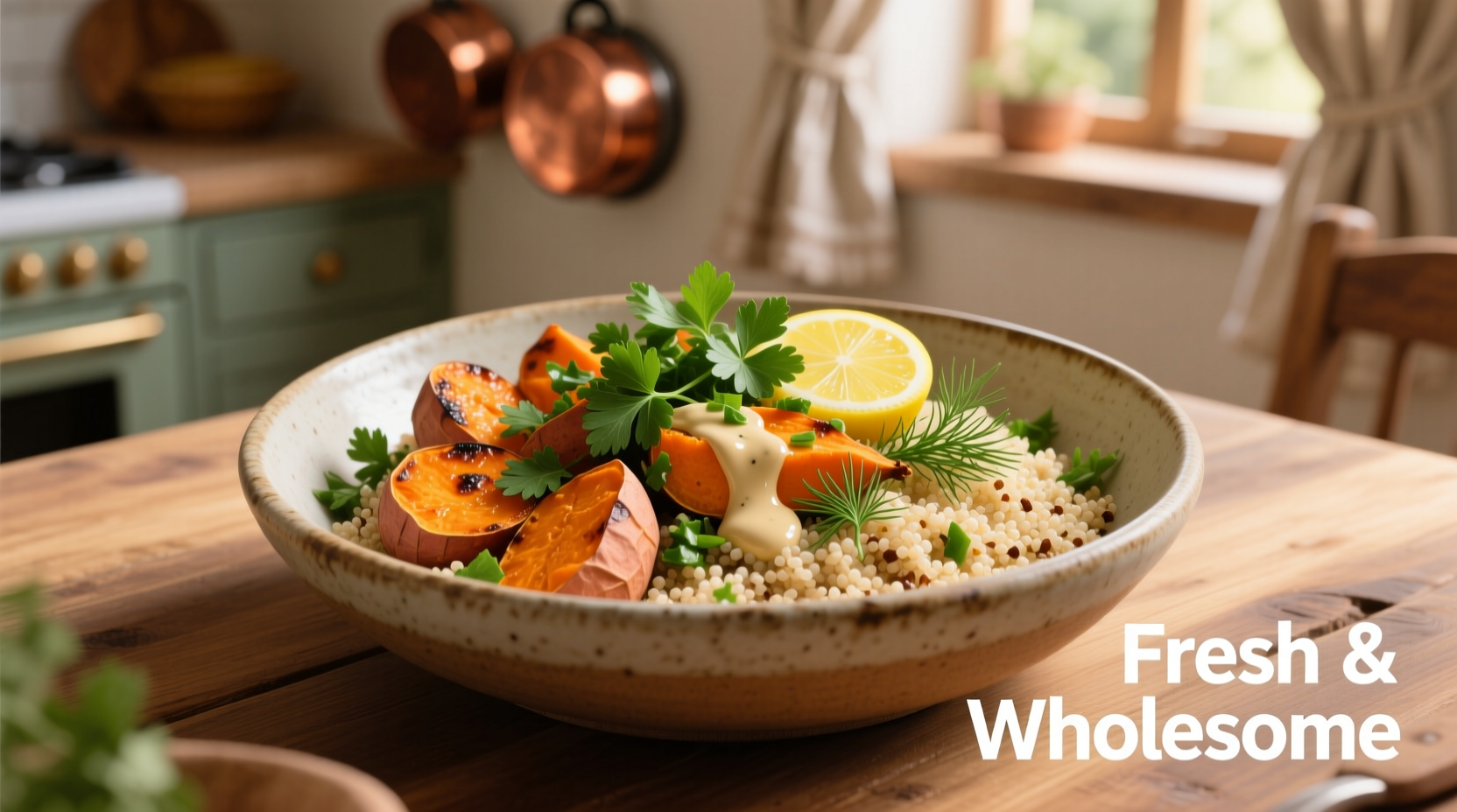 Quinoa and sweet potato bowl with fresh herbs