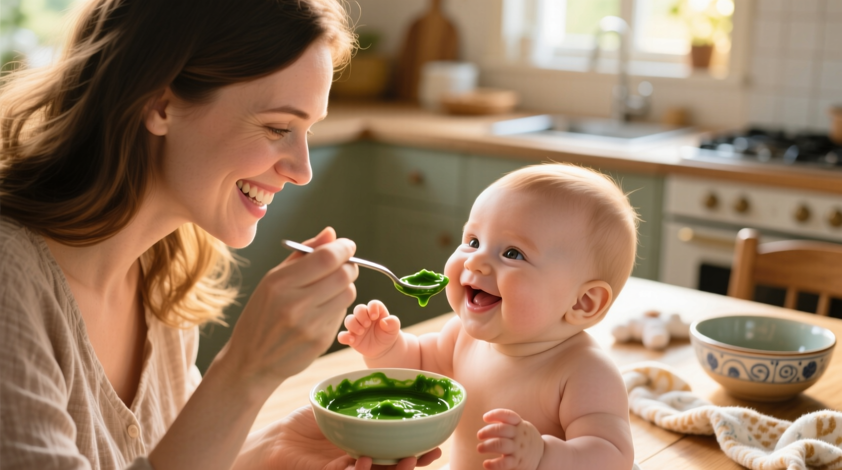 Mother feeding spinach puree to smiling infant