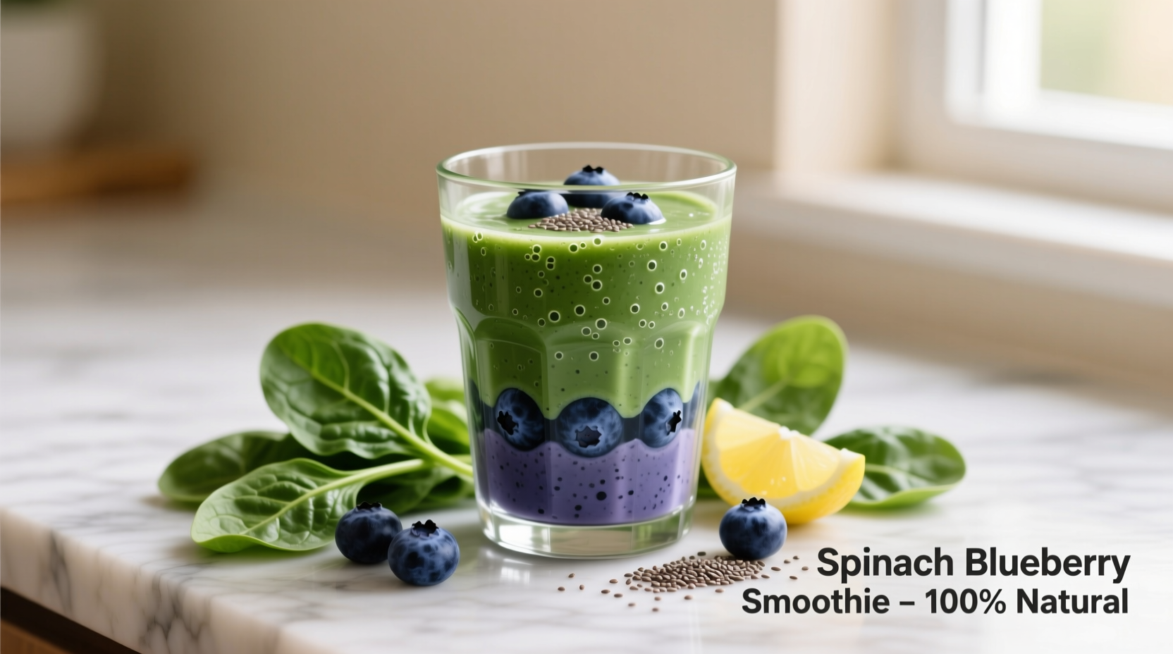 Perfect spinach blueberry smoothie in glass with ingredients