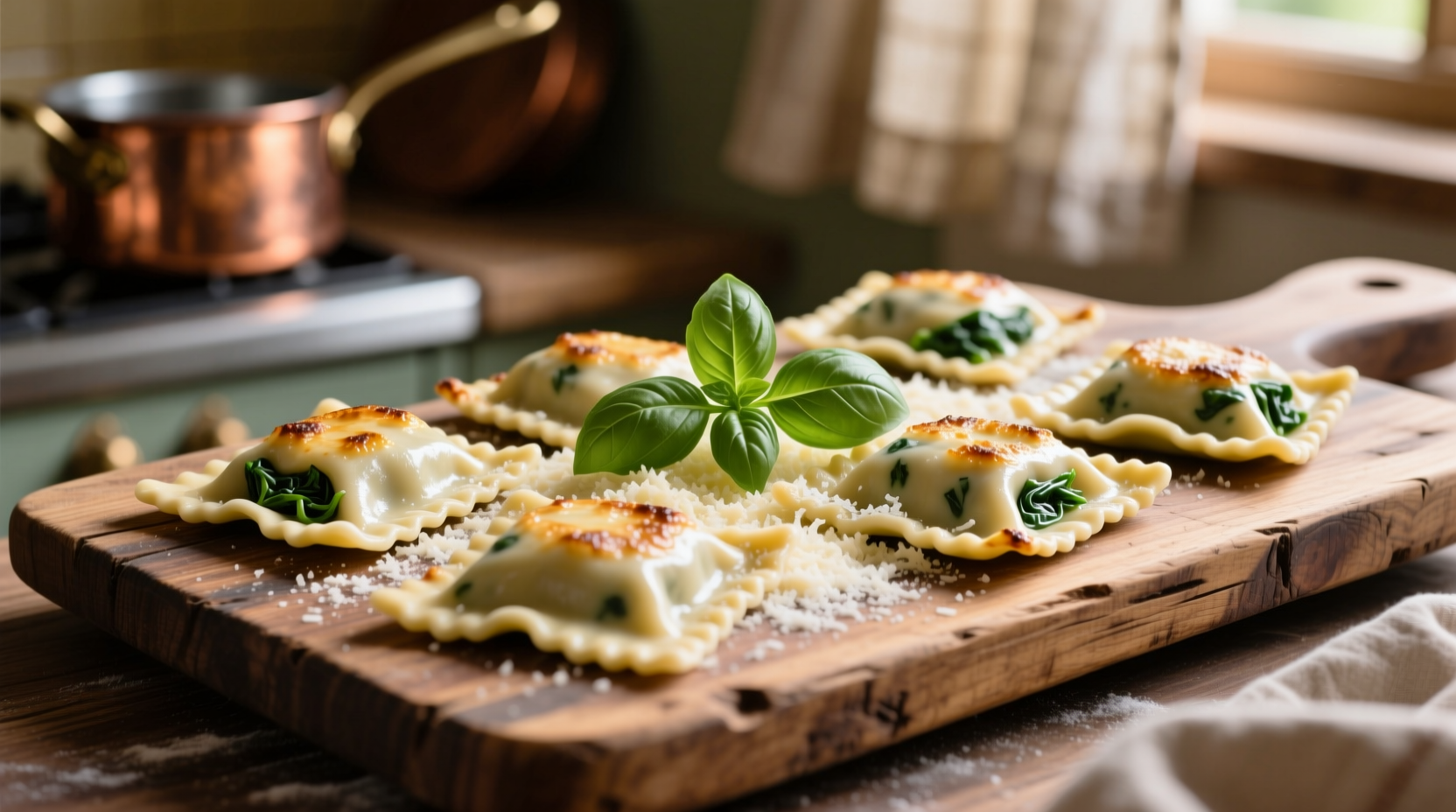 Fresh spinach cheese ravioli on wooden board