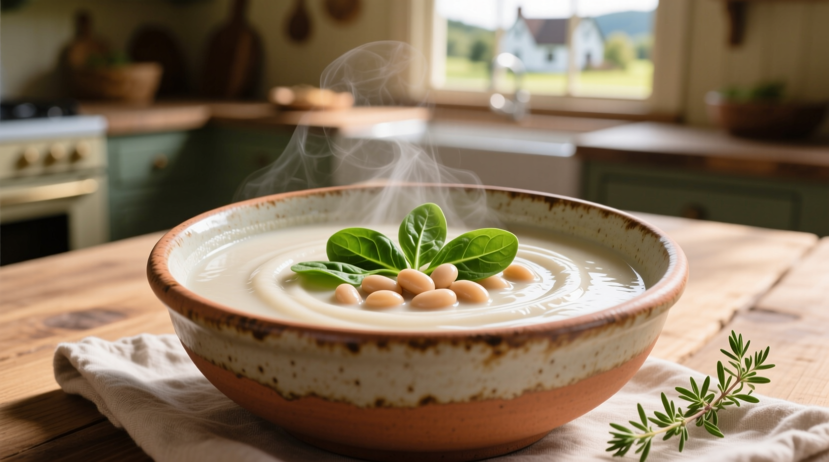 Creamy white bean soup with spinach in rustic bowl