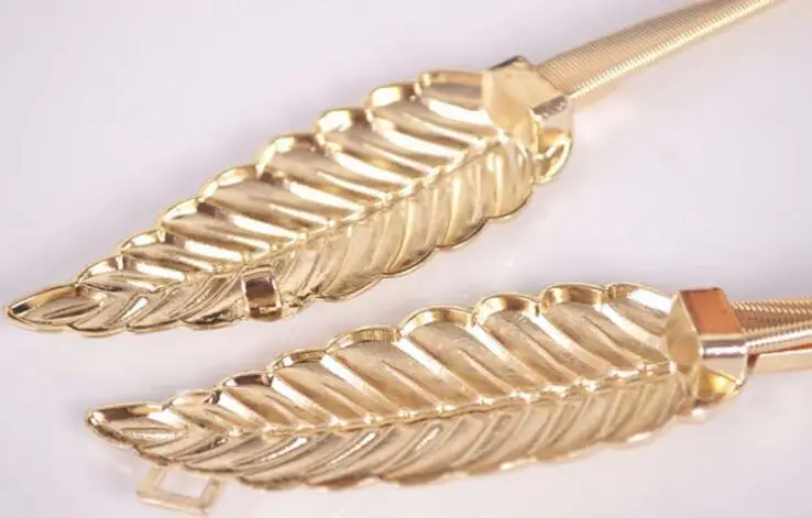 Stylish Leaf shape Women Belt Metal Leaves Waistband Clasp Front Stretch Waistband Gold Silver elastic cummerbund Chain Belt