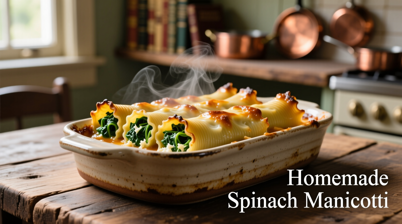 Spinach manicotti baking in ceramic dish