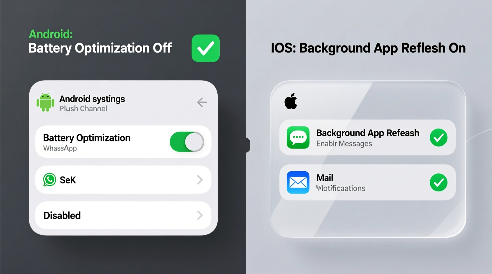 Side-by-side comparison showing Android's Battery Optimization toggle disabled for WhatsApp and iOS's Background App Refresh enabled for Messages and Mail, with green checkmarks indicating active push channel status