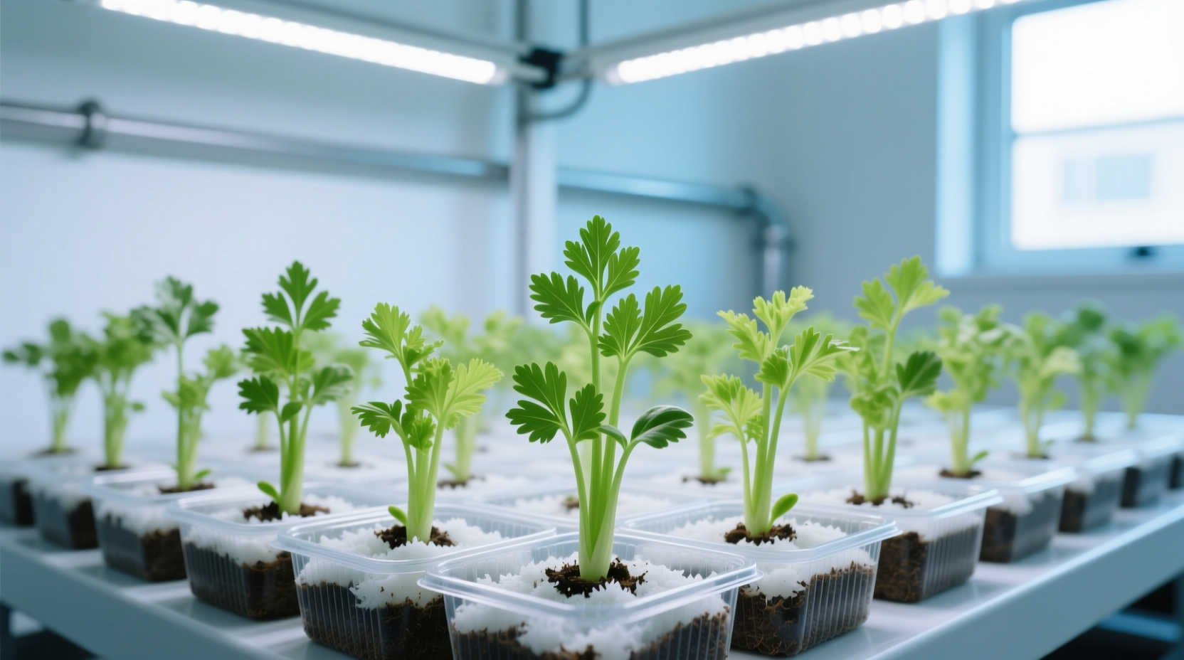 Healthy celery seedlings in indoor growing trays