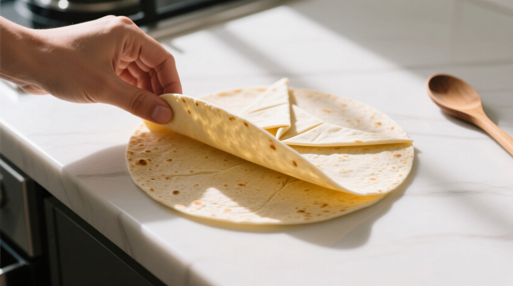 Overhead photo showing left hand lifting bottom tortilla edge, side flaps neatly tucked inward, and forward rolling motion aligned parallel to countertop edge—no twisting, no second hand visible