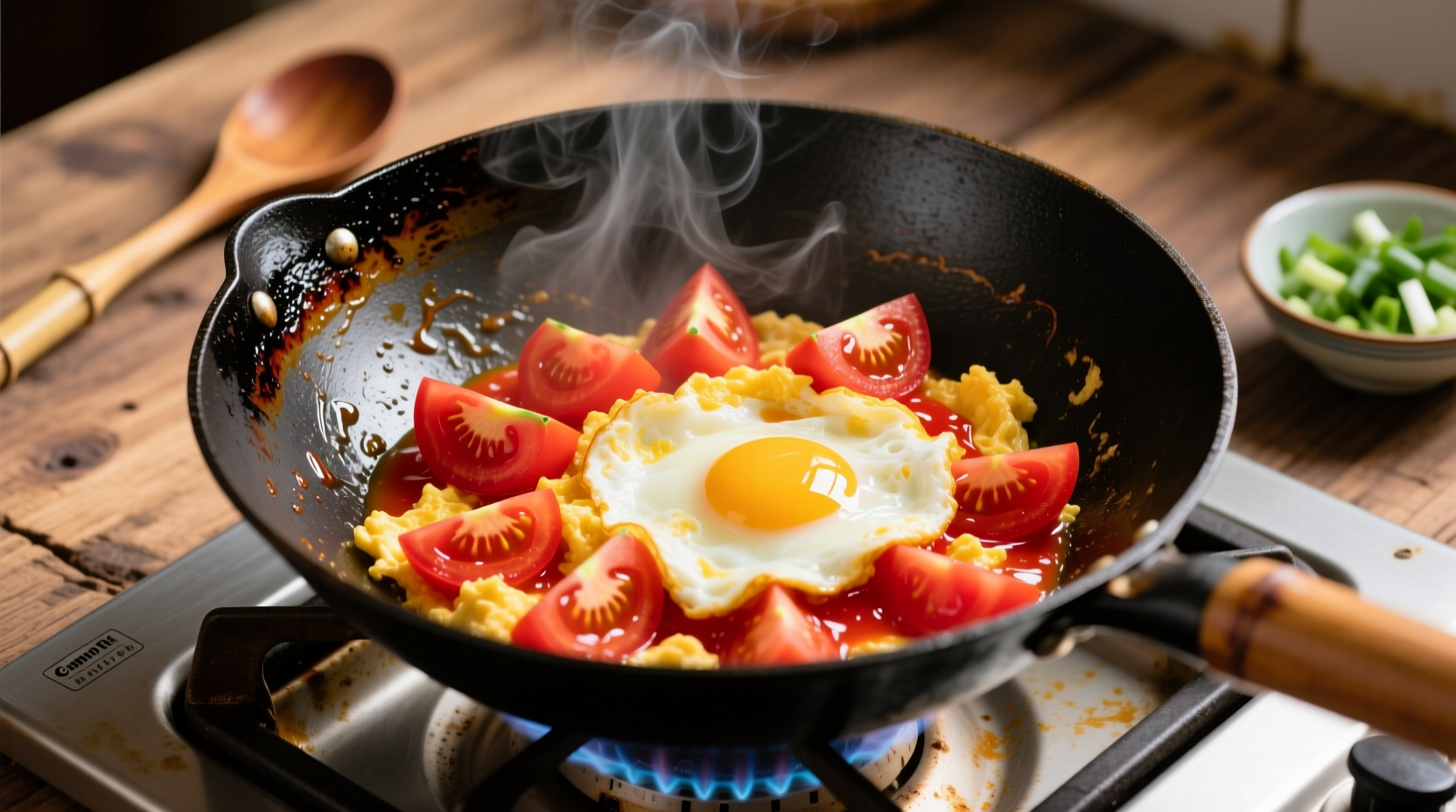 Chinese tomato scrambled eggs in wok