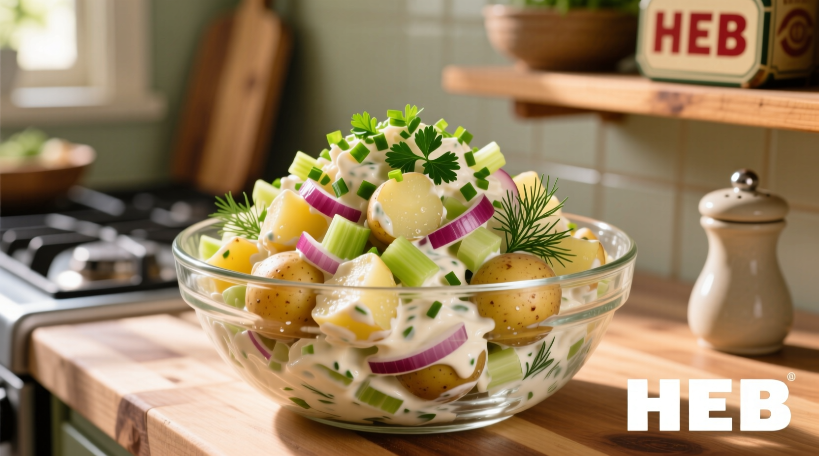 HEB potato salad served in a glass bowl with fresh herbs