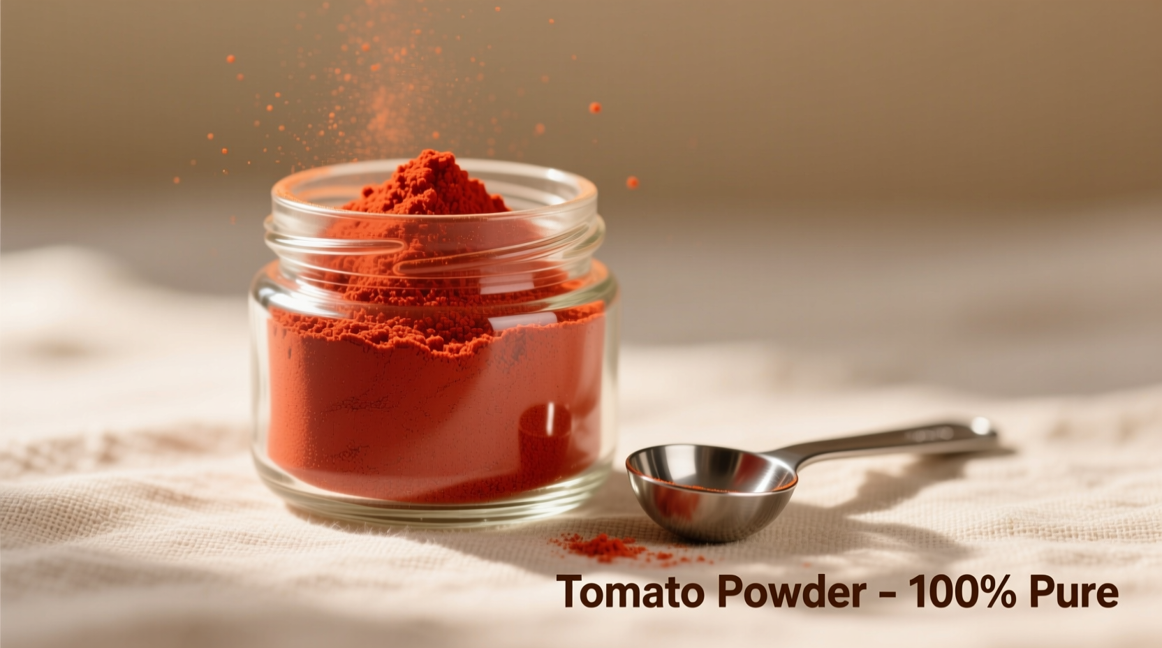 Tomato powder in glass jar with measuring spoon