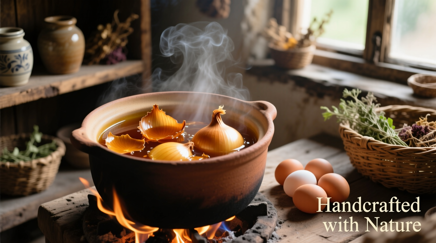 Natural egg dyeing process with onion skins in pot