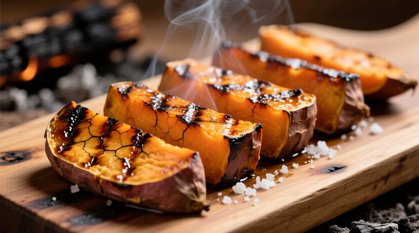 Grilled sweet potato planks with caramelized edges