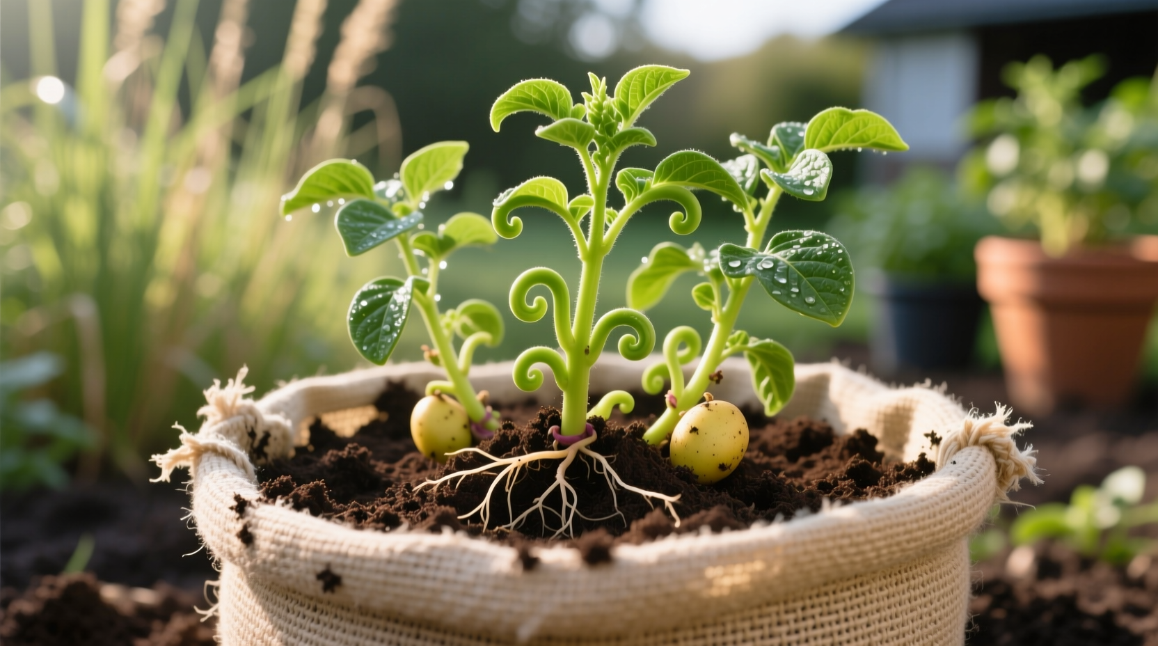 Potato plant growing in fabric container with green shoots